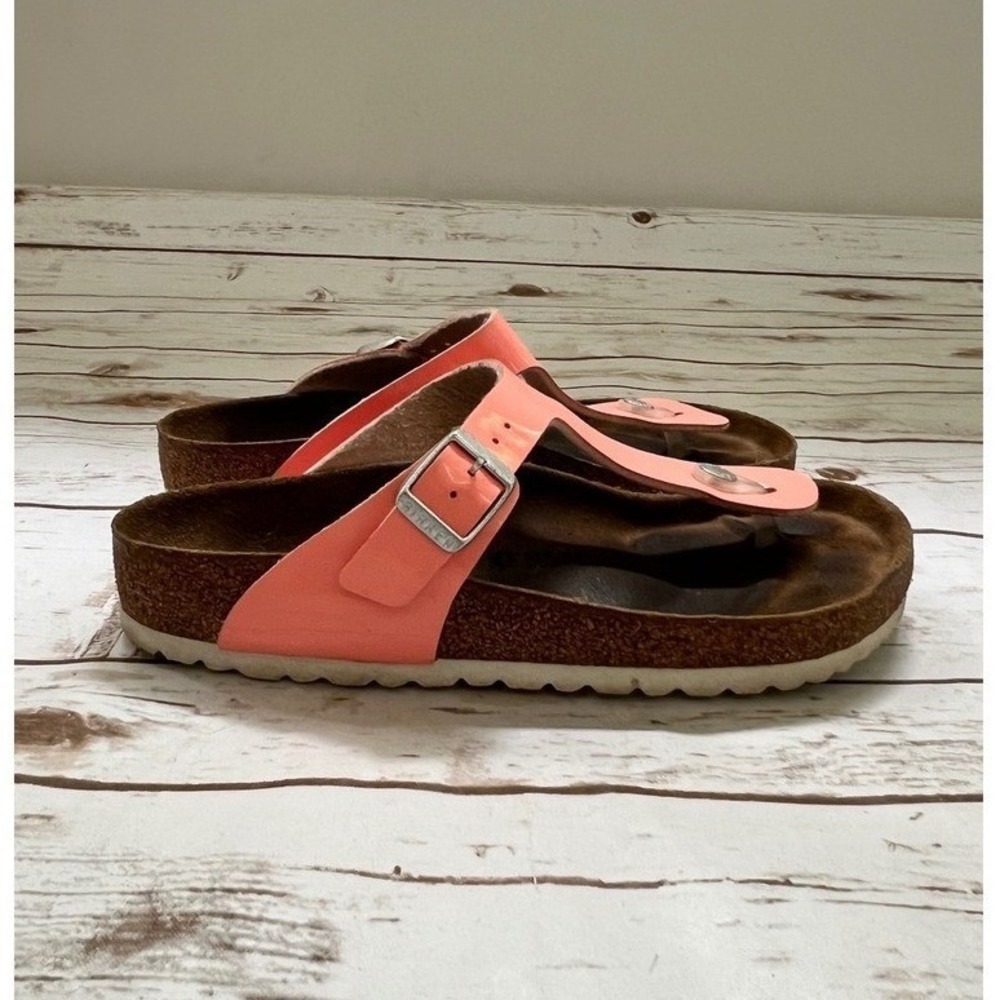 Birkenstock Gizeh Sandals Coral Pink Patent Leather Cork Footbed 38 US sz‎ 7-7.5